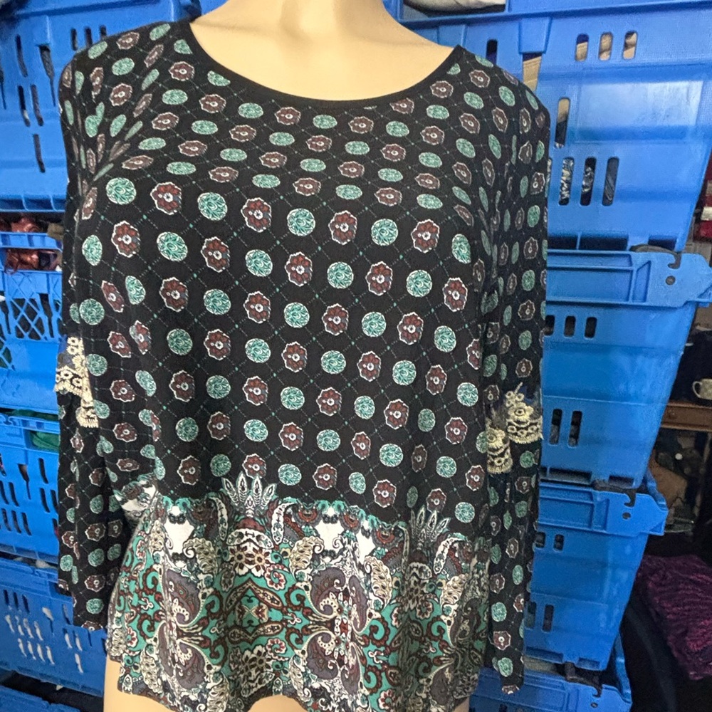Honey punch lace at arms teal/blue paisley rustic blouse retro boho western S
